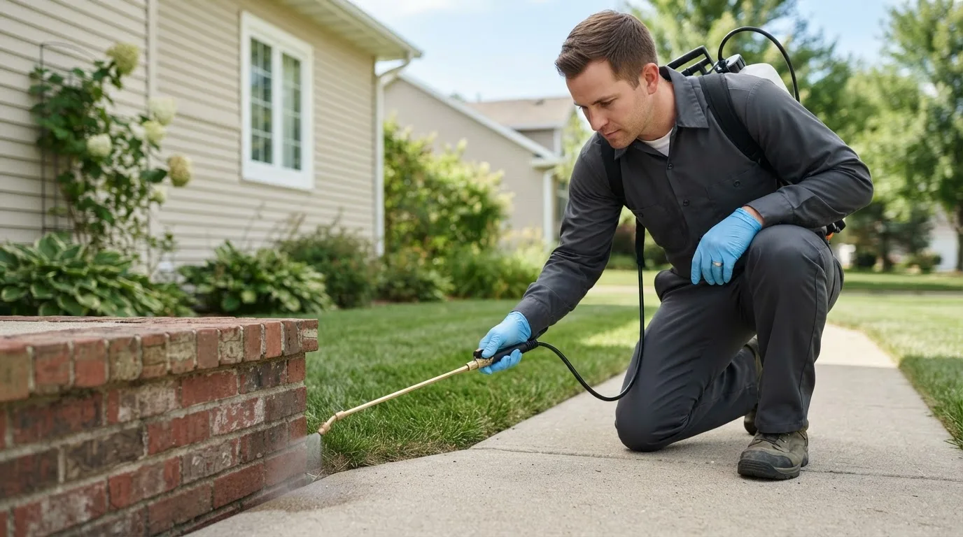 Pest control technician treating a home near Manchester, CT